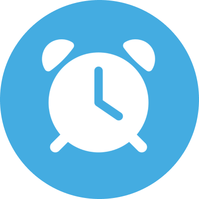 Alarm clock icon in blue circle.